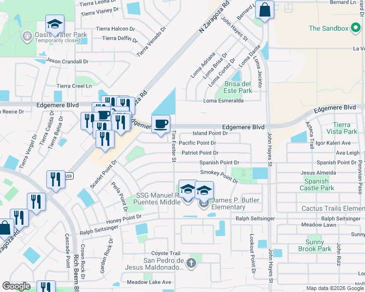 map of restaurants, bars, coffee shops, grocery stores, and more near 14265 Pacific Point Drive in El Paso