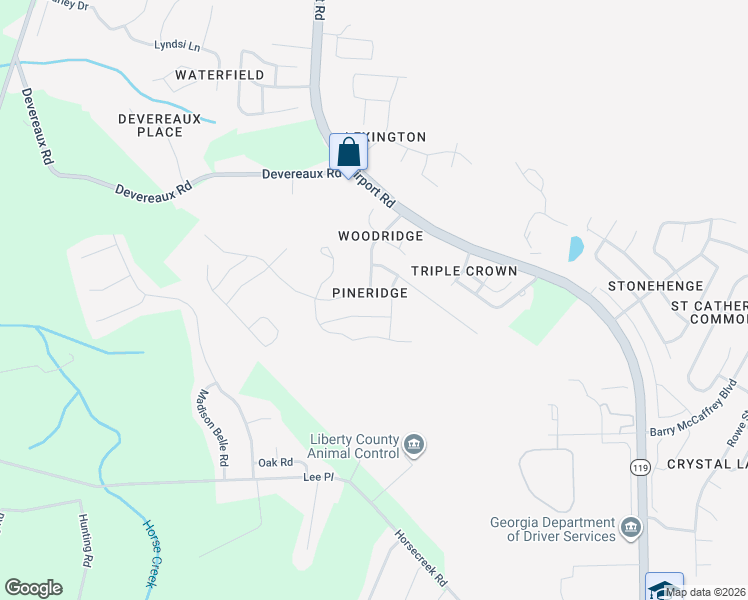 map of restaurants, bars, coffee shops, grocery stores, and more near 1265 Windrow Drive in Hinesville