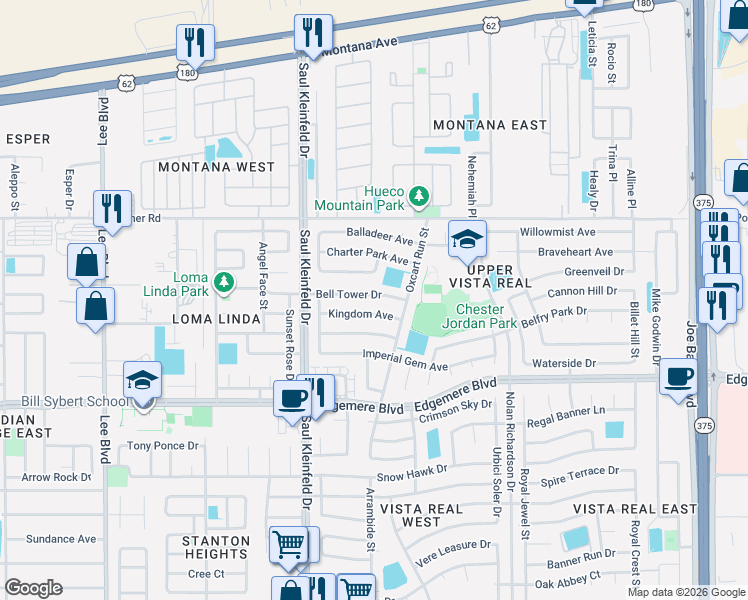 map of restaurants, bars, coffee shops, grocery stores, and more near 11769 Bell Tower Avenue in El Paso