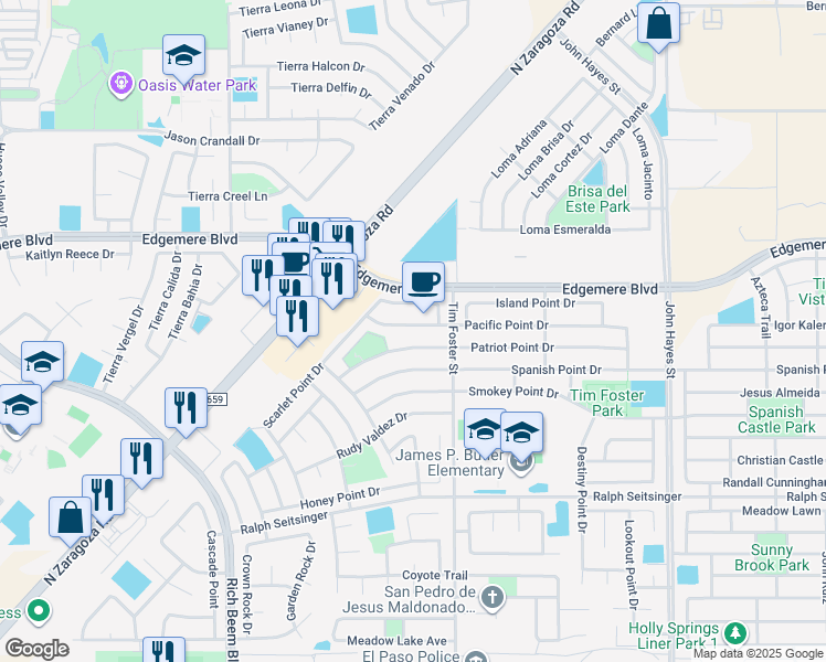 map of restaurants, bars, coffee shops, grocery stores, and more near 14212 Pacific Point Drive in El Paso
