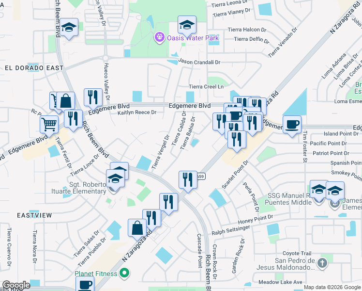 map of restaurants, bars, coffee shops, grocery stores, and more near 3621 Tierra Bahia Drive in El Paso