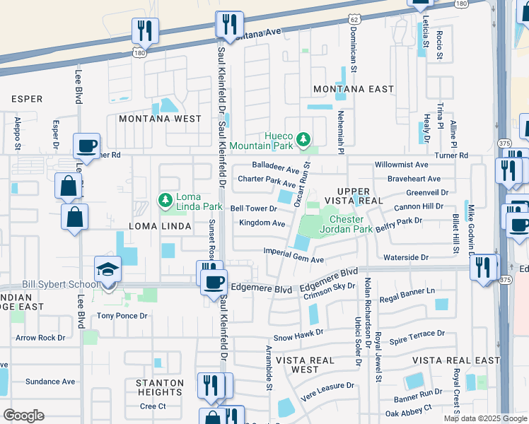 map of restaurants, bars, coffee shops, grocery stores, and more near 11756 Bell Tower Drive in El Paso