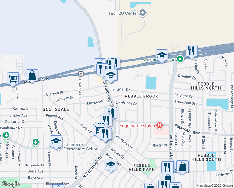 map of restaurants, bars, coffee shops, grocery stores, and more near 10653 Birthstone Drive in El Paso