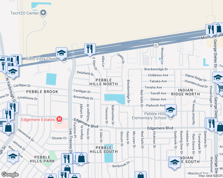 map of restaurants, bars, coffee shops, grocery stores, and more near 11023 Oasis Drive in El Paso