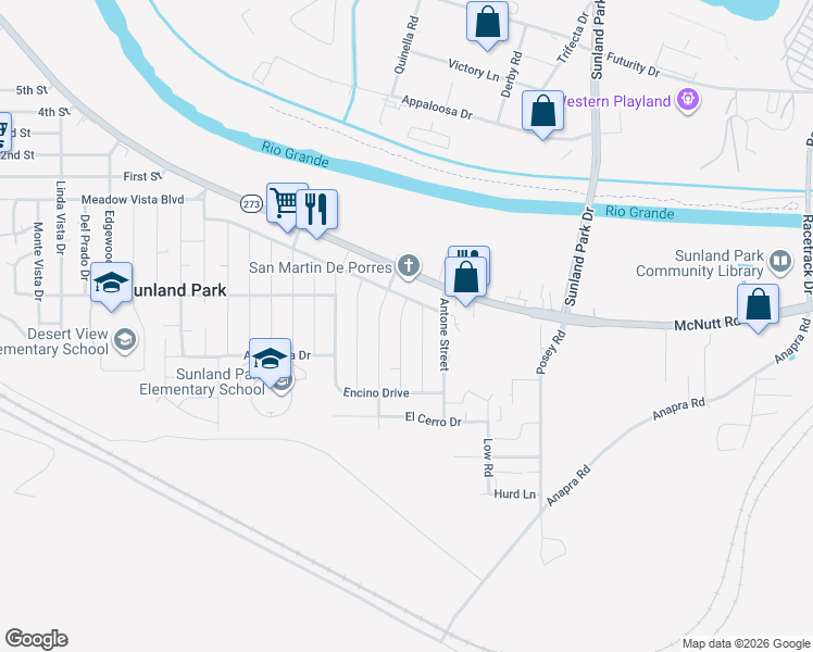 map of restaurants, bars, coffee shops, grocery stores, and more near 100-110 Palma Dr in Sunland Park