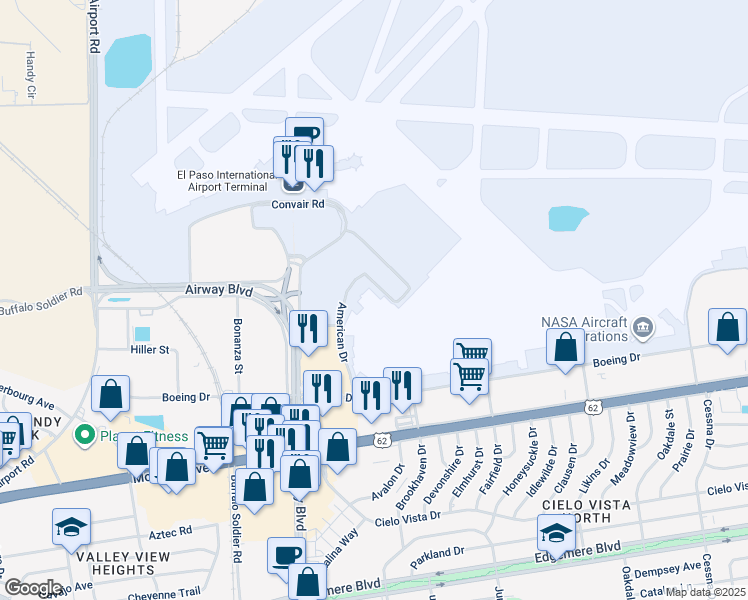 map of restaurants, bars, coffee shops, grocery stores, and more near 6812 Northrop Road in El Paso