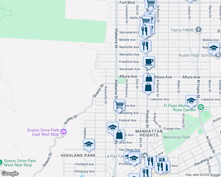 map of restaurants, bars, coffee shops, grocery stores, and more near 2514 Richmond Avenue in El Paso