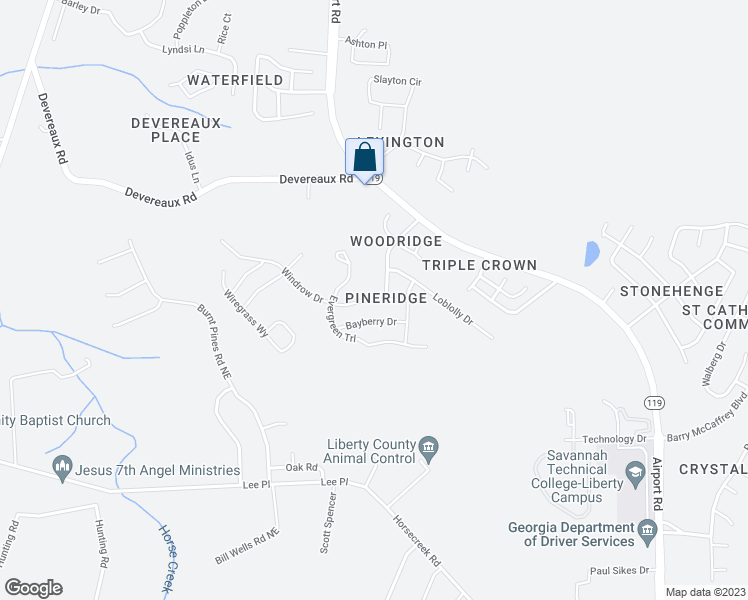 map of restaurants, bars, coffee shops, grocery stores, and more near 1271 Windrow Drive in Hinesville