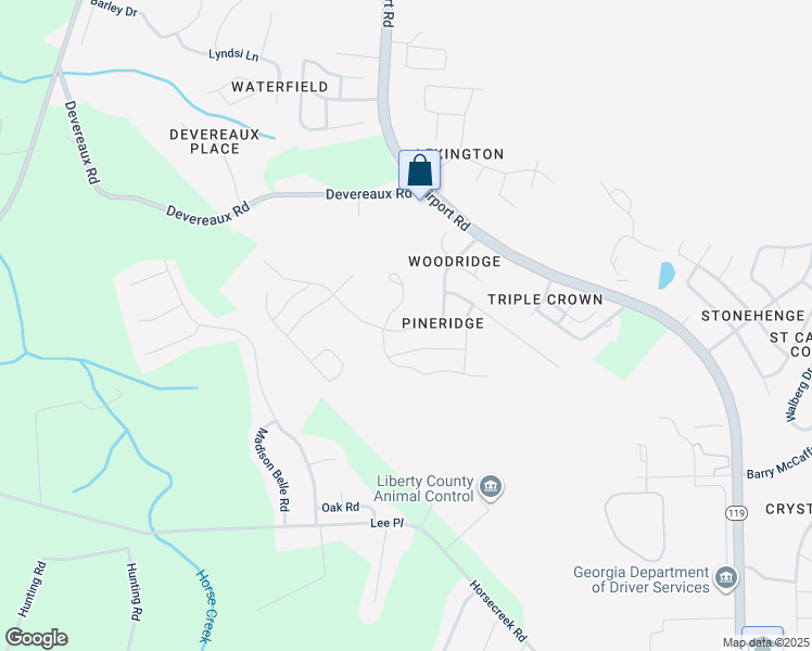 map of restaurants, bars, coffee shops, grocery stores, and more near 1275 Windrow Drive in Hinesville