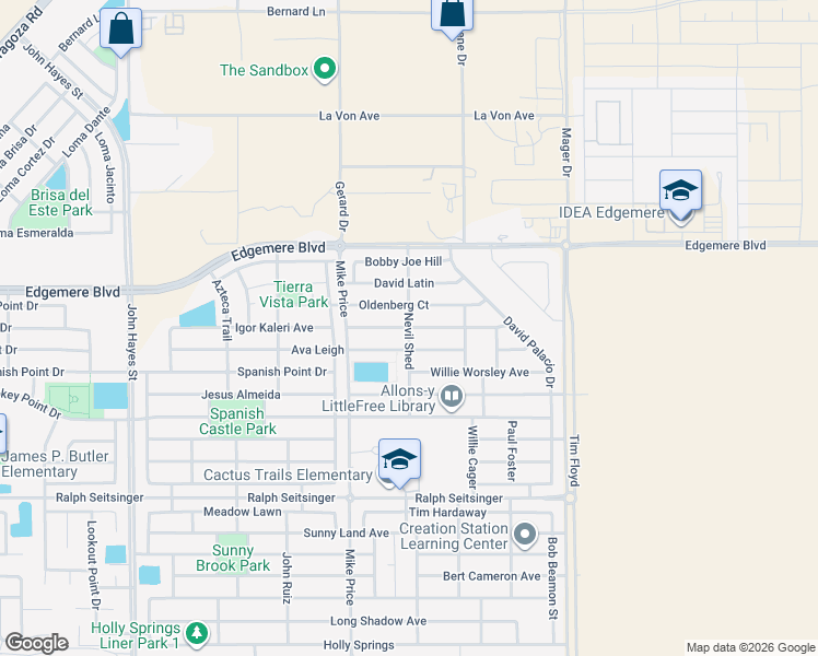 map of restaurants, bars, coffee shops, grocery stores, and more near Nevil Shed in El Paso