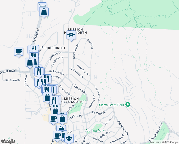 map of restaurants, bars, coffee shops, grocery stores, and more near 4117 Okeefe Drive in El Paso