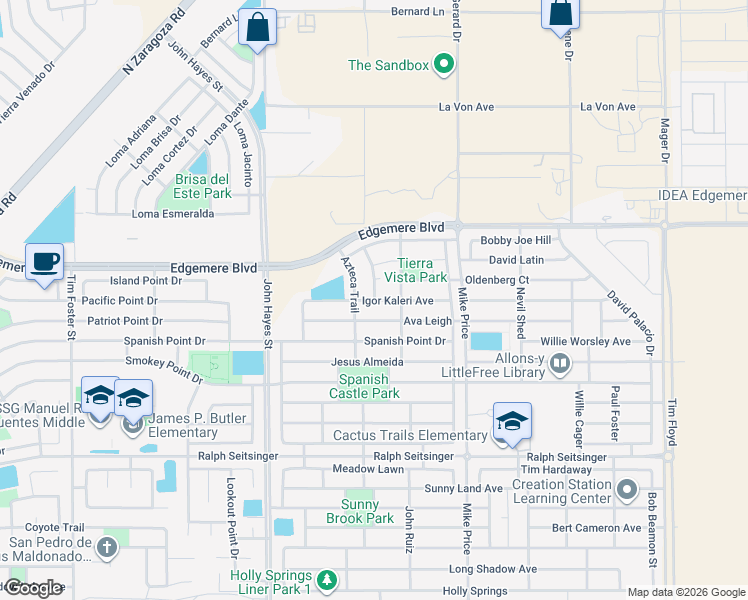 map of restaurants, bars, coffee shops, grocery stores, and more near Igor Kaleri Avenue in El Paso