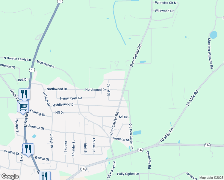 map of restaurants, bars, coffee shops, grocery stores, and more near 555 Northwood Drive in Baxley