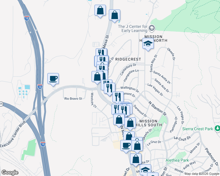 map of restaurants, bars, coffee shops, grocery stores, and more near 4205 Canterbury Drive in El Paso