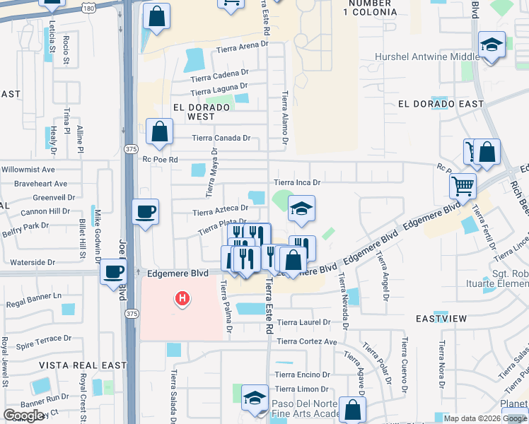 map of restaurants, bars, coffee shops, grocery stores, and more near 3516 Tierra Plata Drive in El Paso