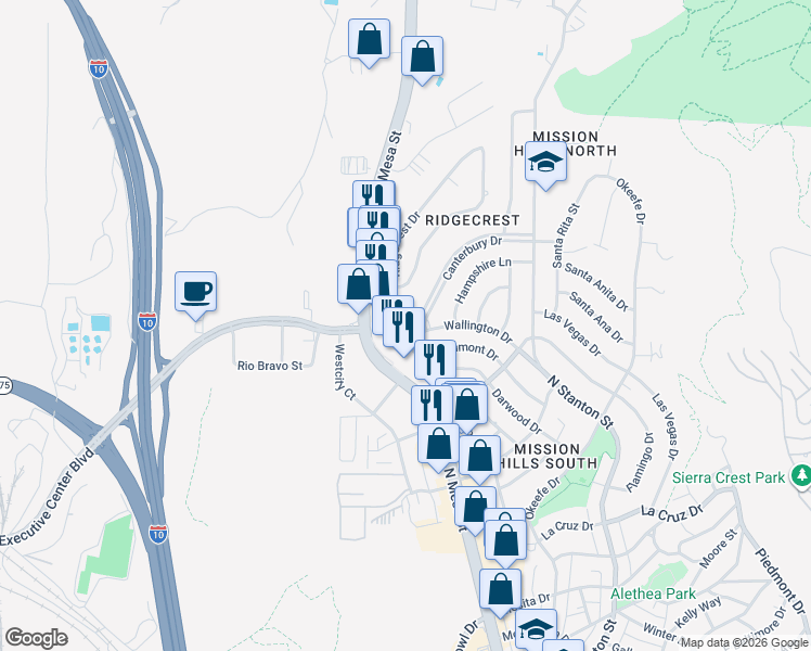 map of restaurants, bars, coffee shops, grocery stores, and more near 4205 Canterbury Drive in El Paso
