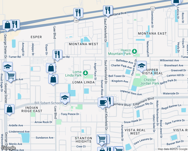 map of restaurants, bars, coffee shops, grocery stores, and more near 3501 Angel Face Street in El Paso