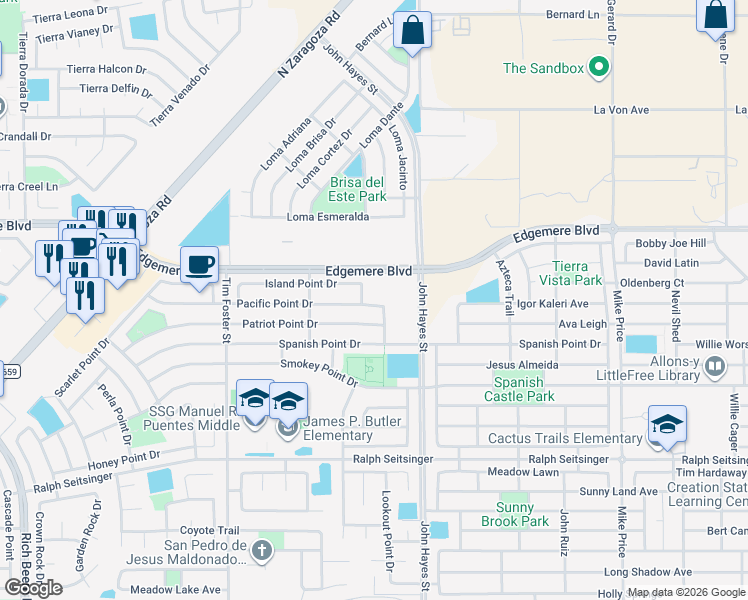 map of restaurants, bars, coffee shops, grocery stores, and more near 14407 Pacific Point Drive in El Paso