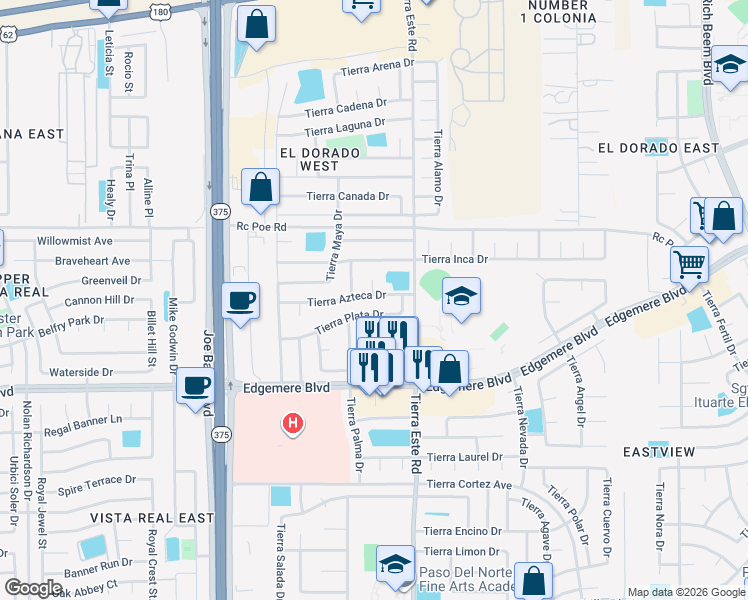 map of restaurants, bars, coffee shops, grocery stores, and more near 12324 Tierra Azteca Drive in El Paso