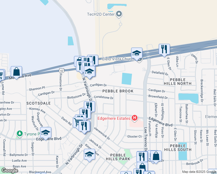 map of restaurants, bars, coffee shops, grocery stores, and more near 10684 Cardigan Drive in El Paso