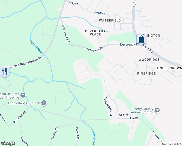 map of restaurants, bars, coffee shops, grocery stores, and more near 620 Burnt Pines Road Northeast in Ludowici
