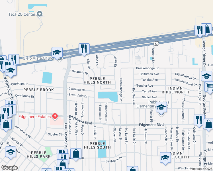 map of restaurants, bars, coffee shops, grocery stores, and more near 11030 Splendor Court in El Paso