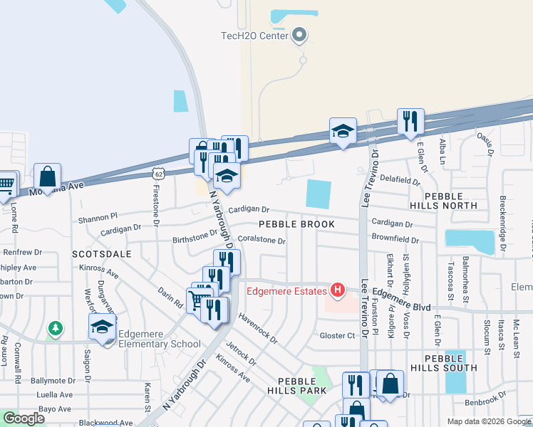 map of restaurants, bars, coffee shops, grocery stores, and more near 10676 Cardigan Drive in El Paso