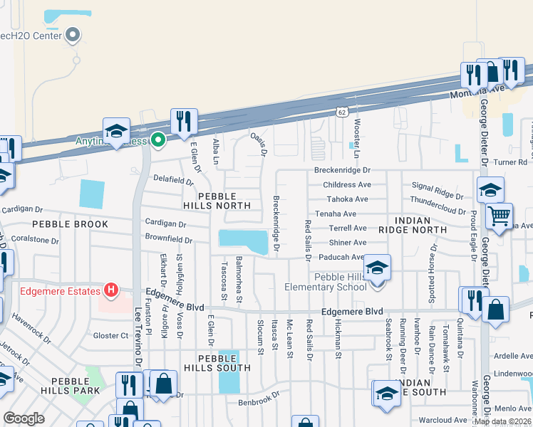 map of restaurants, bars, coffee shops, grocery stores, and more near 3514 Oasis Drive in El Paso