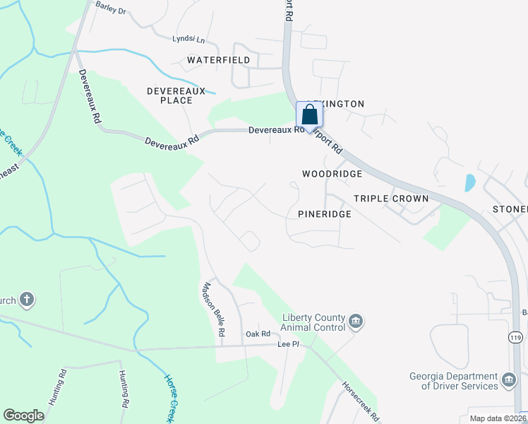 map of restaurants, bars, coffee shops, grocery stores, and more near 1283 Windrow Drive in Hinesville
