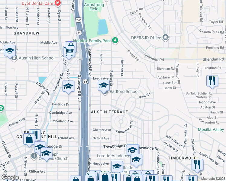 map of restaurants, bars, coffee shops, grocery stores, and more near 2138 Radford Street in El Paso