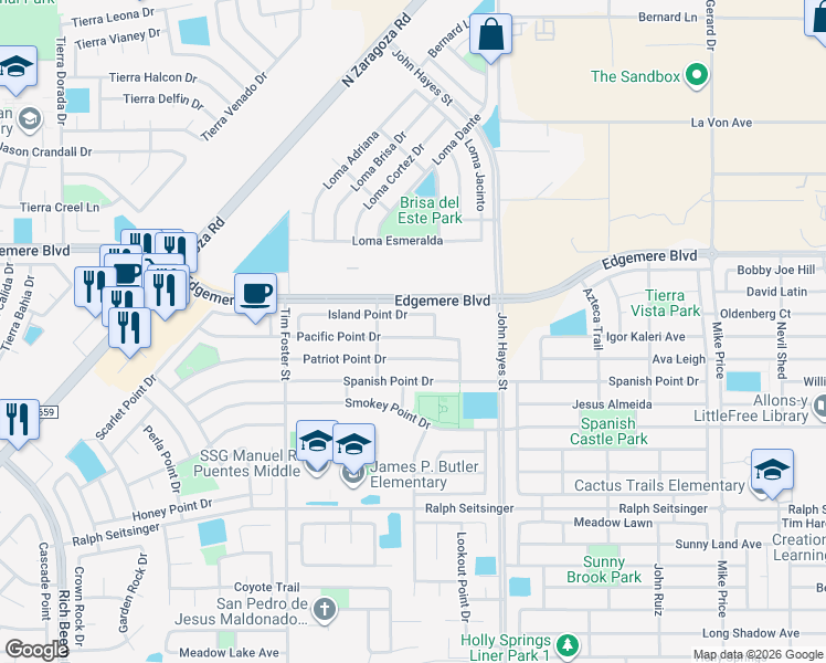 map of restaurants, bars, coffee shops, grocery stores, and more near 14335 Pacific Point Drive in El Paso