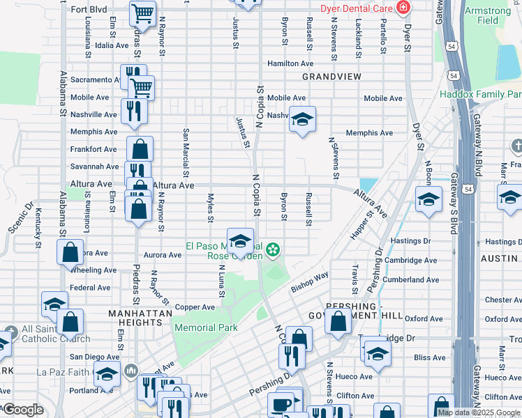 map of restaurants, bars, coffee shops, grocery stores, and more near 3406 Richmond Avenue in El Paso