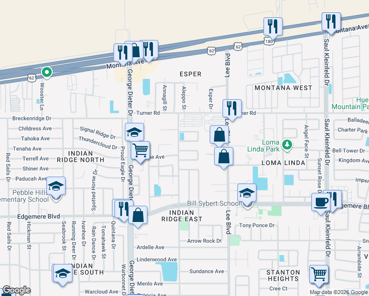 map of restaurants, bars, coffee shops, grocery stores, and more near 11495 Lone Wolf Circle in El Paso
