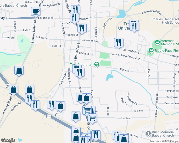 map of restaurants, bars, coffee shops, grocery stores, and more near 904 Park Street in Troy