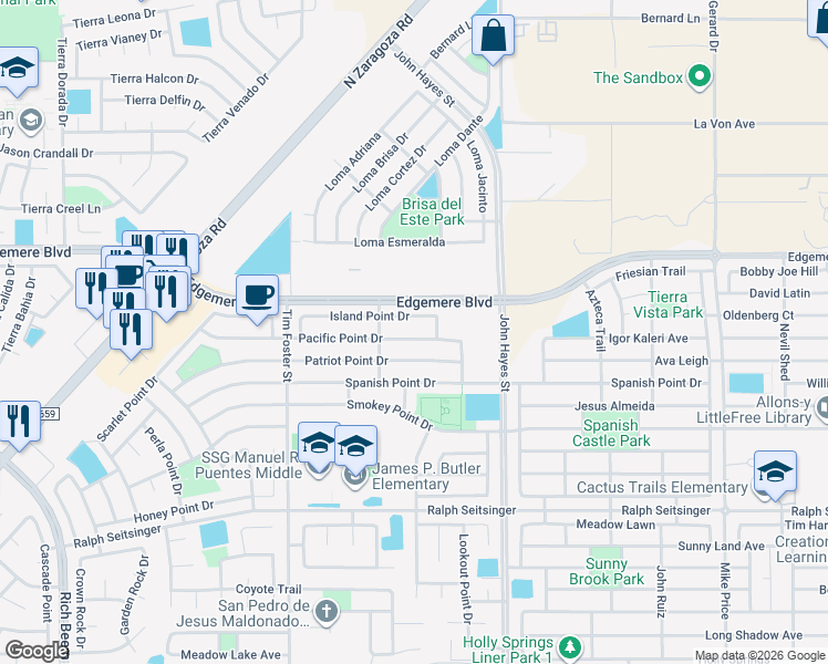 map of restaurants, bars, coffee shops, grocery stores, and more near 14335 Pacific Point Drive in El Paso