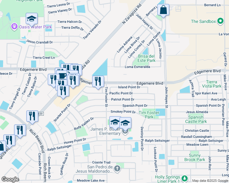 map of restaurants, bars, coffee shops, grocery stores, and more near 14265 Pacific Point Drive in El Paso