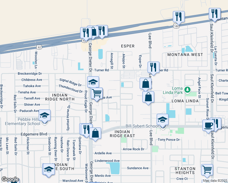 map of restaurants, bars, coffee shops, grocery stores, and more near 3550 Broken Arrow Drive in El Paso