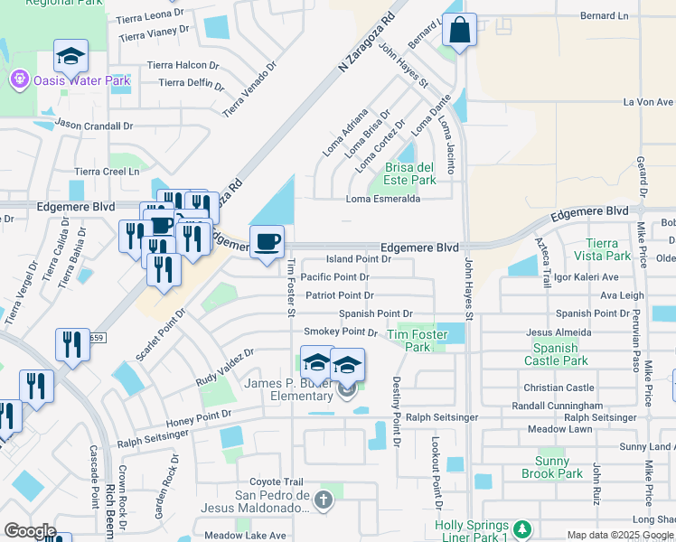 map of restaurants, bars, coffee shops, grocery stores, and more near 14317 Pacific Point Drive in El Paso