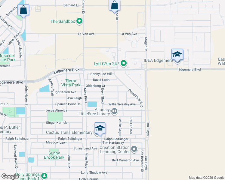 map of restaurants, bars, coffee shops, grocery stores, and more near 14833 Orsten Artis Avenue in El Paso