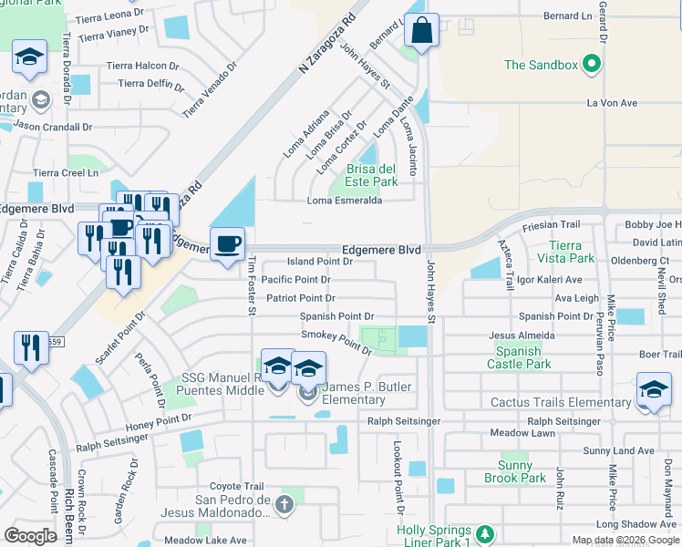 map of restaurants, bars, coffee shops, grocery stores, and more near 14335 Pacific Point Drive in El Paso