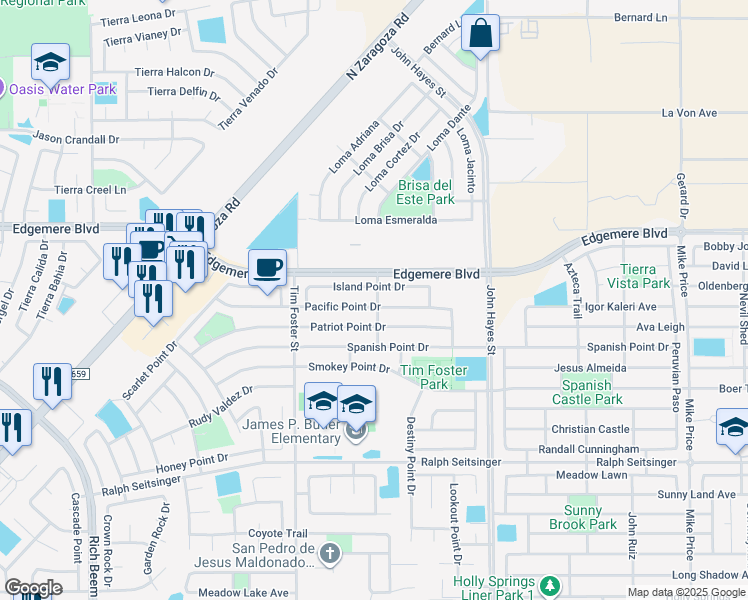 map of restaurants, bars, coffee shops, grocery stores, and more near 14317 Pacific Point Drive in El Paso