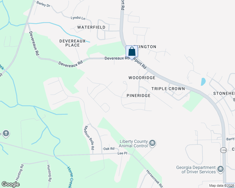 map of restaurants, bars, coffee shops, grocery stores, and more near 1283 Windrow Drive in Hinesville