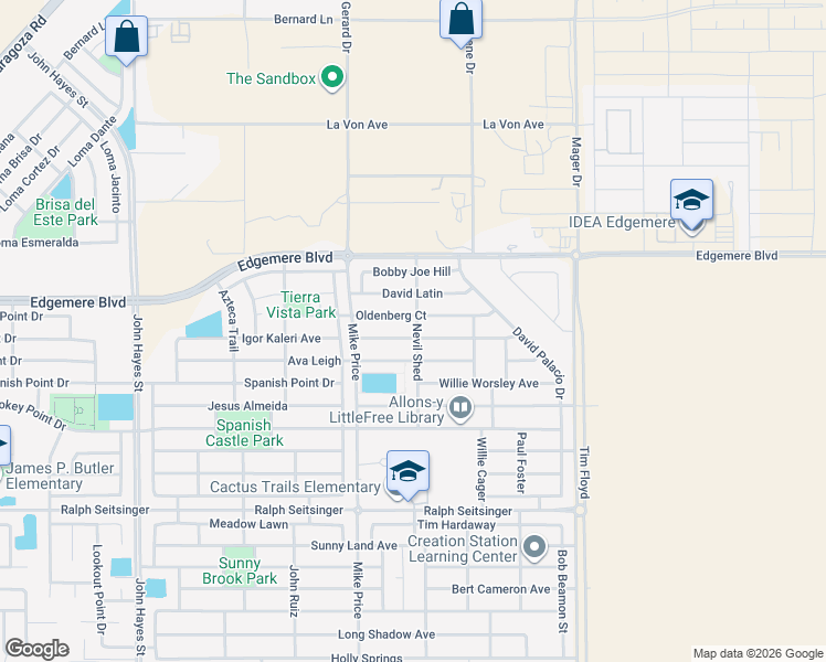 map of restaurants, bars, coffee shops, grocery stores, and more near 14757 Orsten Artis Avenue in El Paso