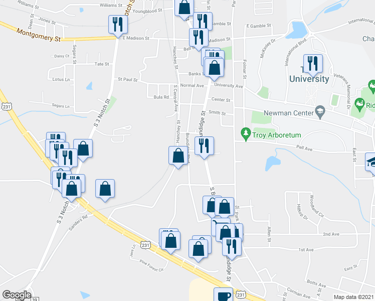 map of restaurants, bars, coffee shops, grocery stores, and more near 998 Brundidge Boulevard in Troy