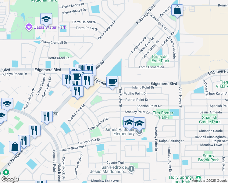 map of restaurants, bars, coffee shops, grocery stores, and more near 14229 Pacific Point Drive in El Paso