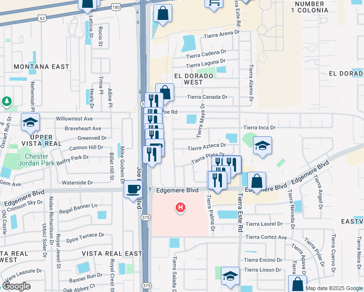 map of restaurants, bars, coffee shops, grocery stores, and more near 12237 Tierra Azteca Drive in El Paso