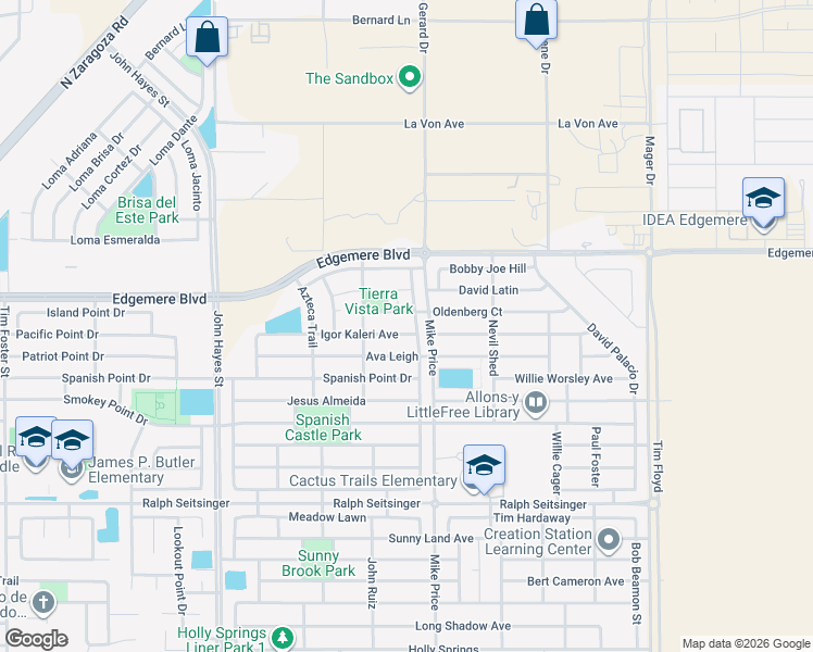 map of restaurants, bars, coffee shops, grocery stores, and more near 14699 Ava Leigh in El Paso