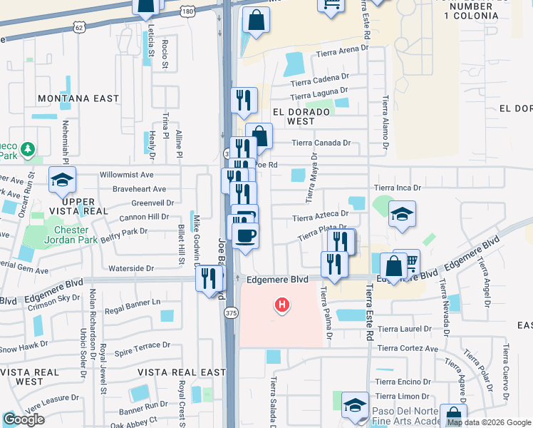 map of restaurants, bars, coffee shops, grocery stores, and more near 3605 Tierra Zafiro Drive in El Paso