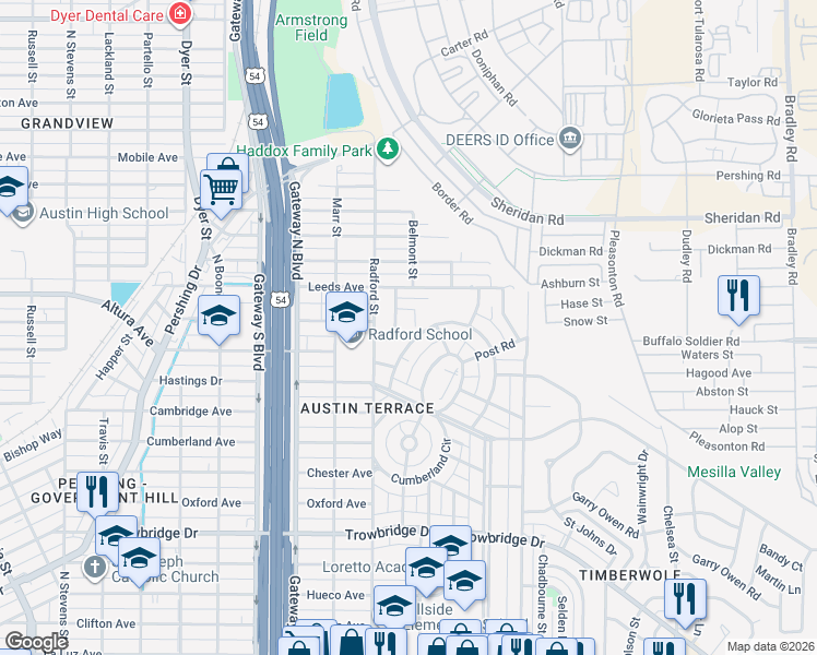 map of restaurants, bars, coffee shops, grocery stores, and more near 4629 King Arthur Court in El Paso