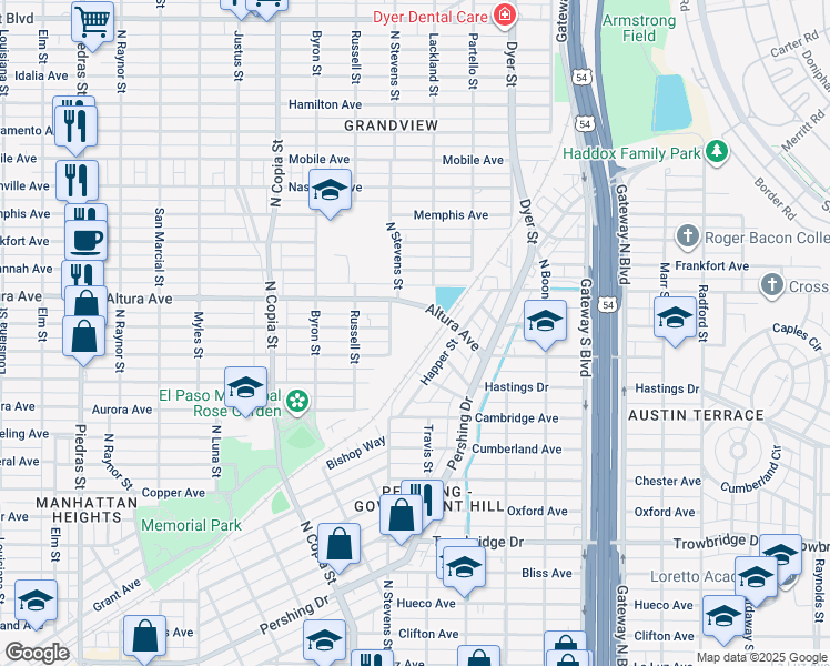 map of restaurants, bars, coffee shops, grocery stores, and more near 2116 North Stevens Street in El Paso